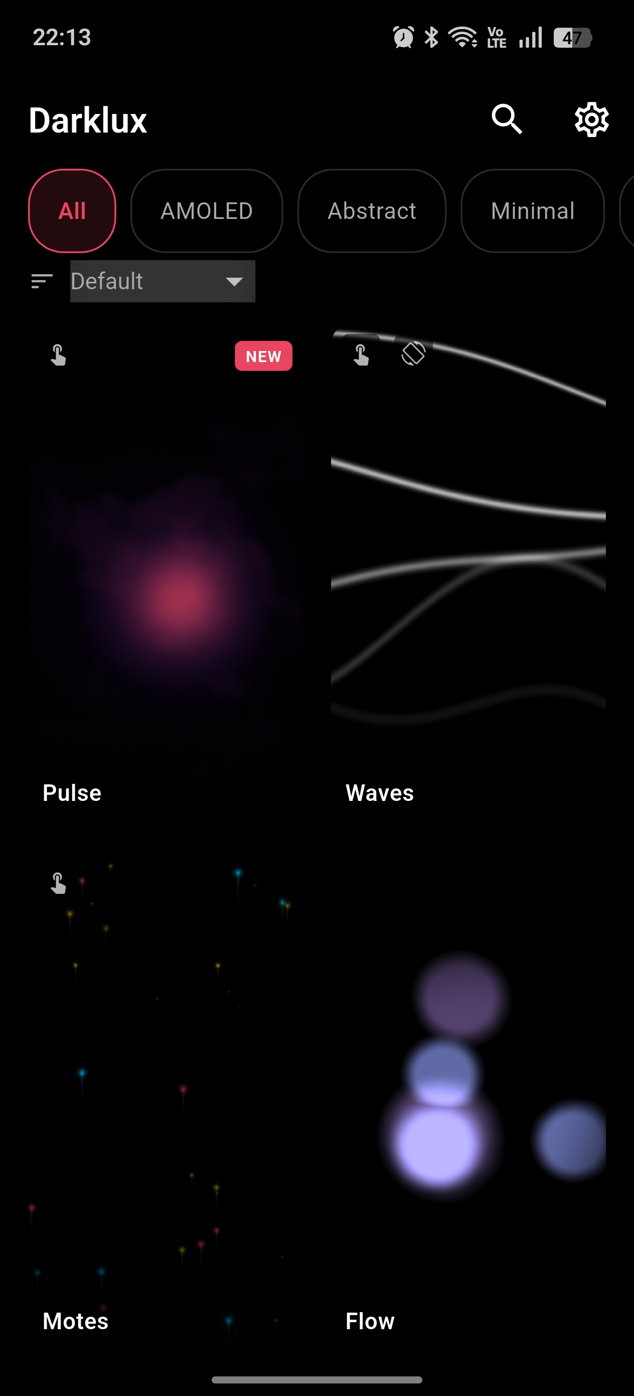 Darklux gallery view showing shader wallpapers